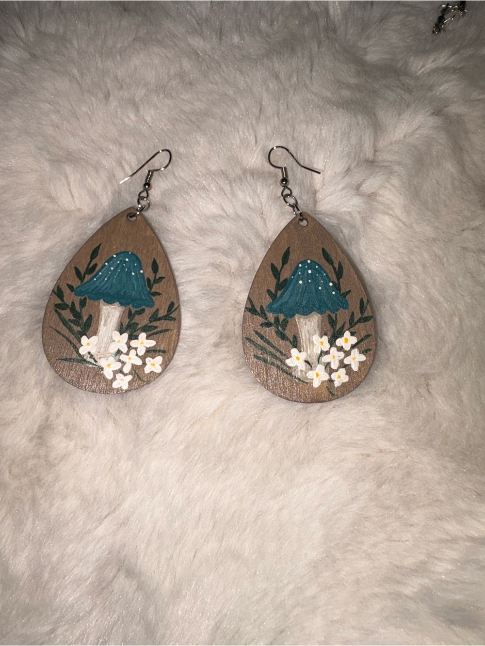 Hand-Painted Teardrop Wooden Mushroom Earrings in Teal and White
